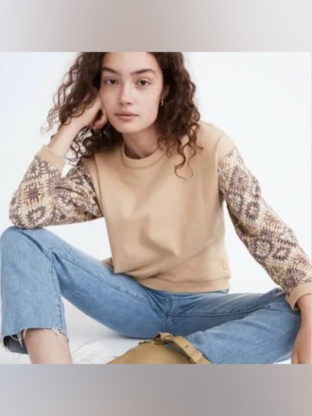 Madewell Beige Crewneck Sweatshirt with Patterned Knit Sleeves